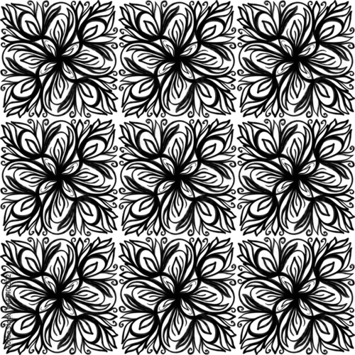 Swirl Seamless black and white pattern. Vintage oriental illustration. Geometric design elements. Repeat Motif. Curly decorative print for Wallpaper, fabric, furniture. Psychedelic style.