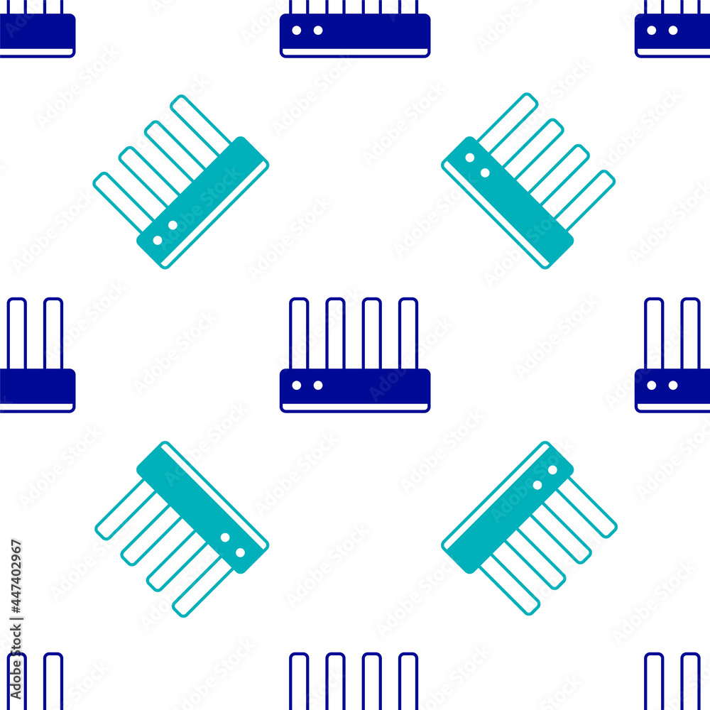 Blue Router and wi-fi signal icon isolated seamless pattern on white background. Wireless ethernet modem router. Computer technology internet. Vector Blue Router and wi-fi signal icon isolated seamless pattern on white background. Wireless ethernet modem router. Computer technology internet. Vector
