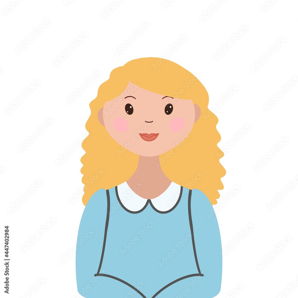 A cartoon stylized portrait of a waist-high woman on a white background, an employee or housewife, a freelancer or an office worker. For Manuals, Presentations, Advertising, Checklist, Booklet A cartoon stylized portrait of a waist-high woman on a white background, an employee or housewife, a freelancer or an office worker. For Manuals, Presentations, Advertising, Checklist, Booklet