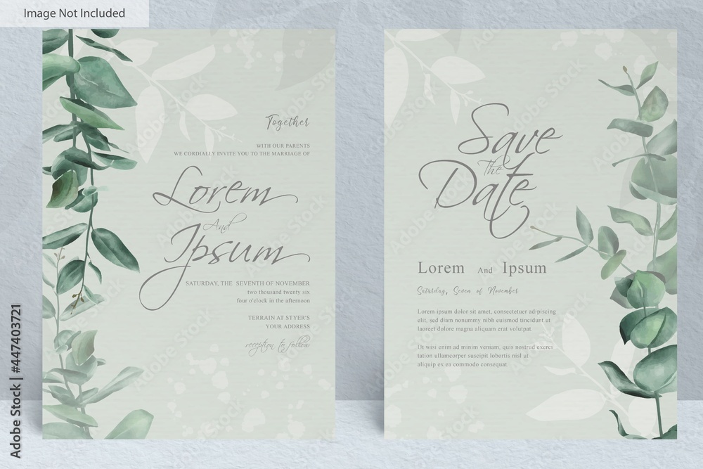 greenery wedding invitation card set template with hand drawn eucalyptus foliage