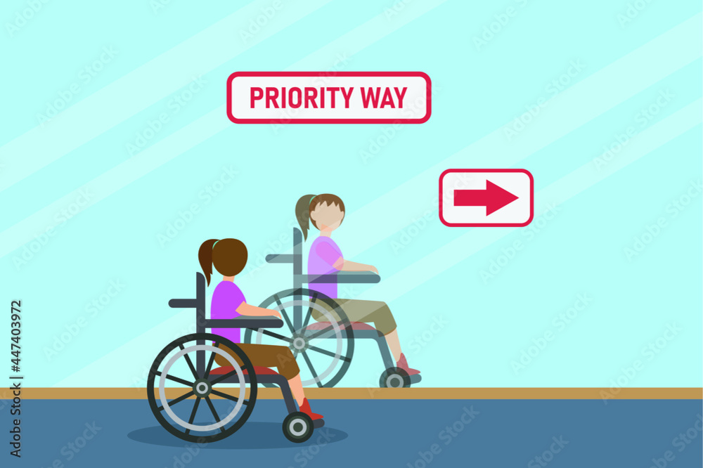 Disabled person vector concept: Young woman sitting on the wheelchair while looking at priority way text on the mirror Disabled person vector concept: Young woman sitting on the wheelchair while looking at priority way text on the mirror