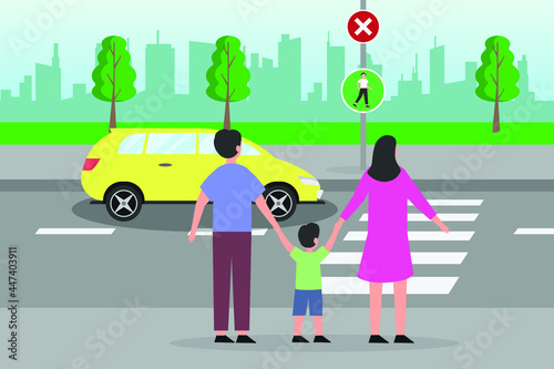 Parenthood vector concept: Young parents and little son crossing the road together while holding hands
