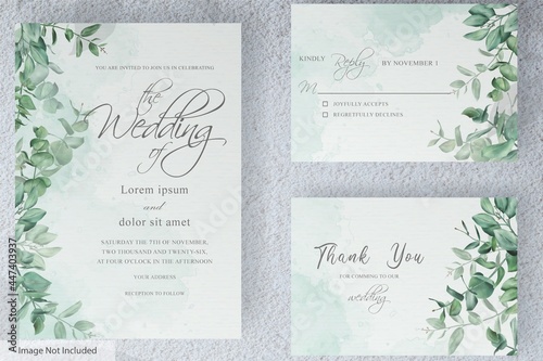 greenery wedding invitation card set template with hand drawn eucalyptus foliage