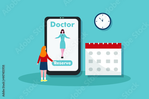 Reserved doctor vector concept: Young woman reserved doctor on mobile application while touching her  smartphone 