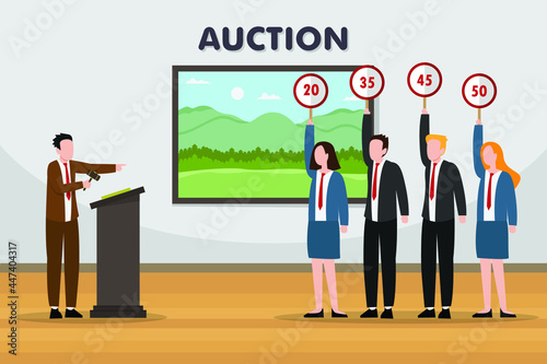 Auction vector concept: Group of people bidding picture with auction paddle while  male auctioneer holding gavel
