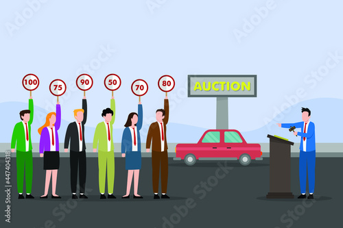 Auction vector concept: Group of people holding auction paddle in car auction while auctioneer holding gavel 