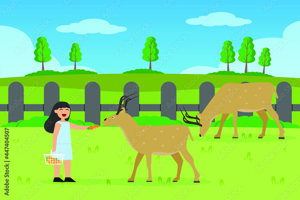 Fototapeta premium Zoo vector concept: Little da ughter feeding carrot to deer in the zoo while enjoying holiday time 
