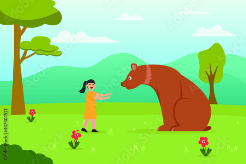 Zoo vector concept  Little girl enjoying holiday time in the zoo while playing with big bear 