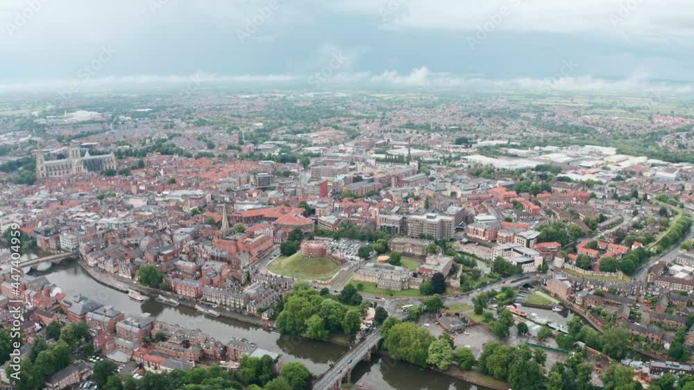 Dolly forward drone shot towards Clifford's tower York Dolly forward drone shot towards Clifford's tower York