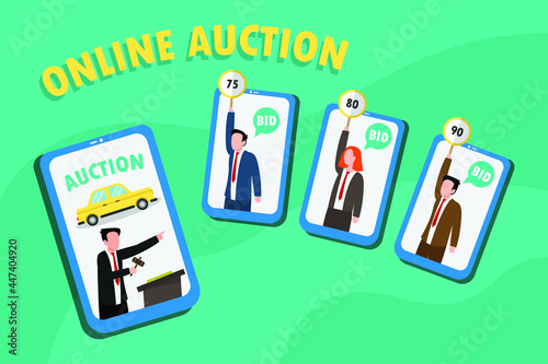 Online auction vector concept: Young auctioneer offering car in online auction while group of people bidding on mobile phone 