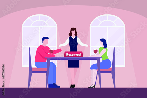 Reserved table vector concept: Young couple sitting on the reserved table in the restaurant while enjoying dinner 