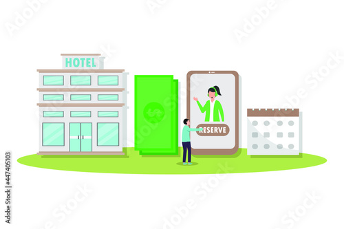 Reserved hotel vector concept: Young man reserved hotel room on mobile phone application while talking with receptionist online 