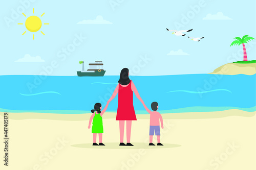 Vacation vector concept: Young mother and little children enjoying holiday in the beach together 