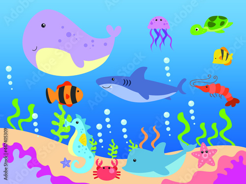 Sea animals cartoon character in blue ocean, vector illustration
