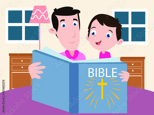 Little boy cartoon character and his father reading bible together at home