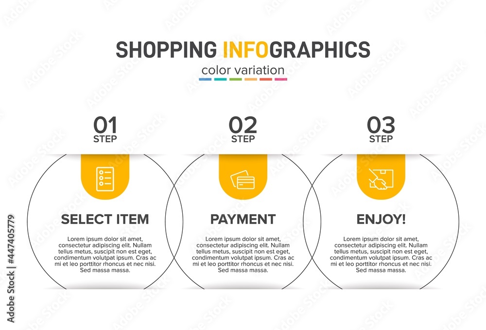 Concept of shopping process with 3 successive steps. Three colorful graphic elements. Timeline design for brochure, presentation, web site. Infographic design layout. Concept of shopping process with 3 successive steps. Three colorful graphic elements. Timeline design for brochure, presentation, web site. Infographic design layout.