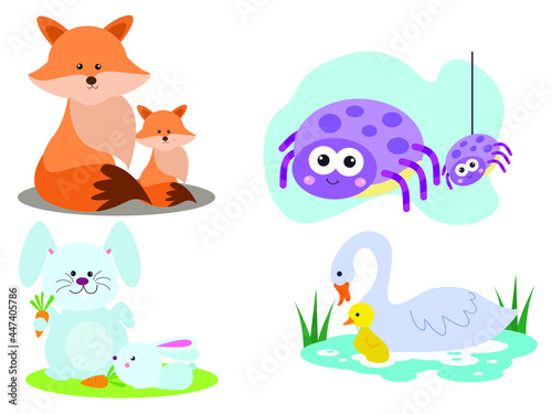 Funny animals and their cubs, illustration set, isolated on white background