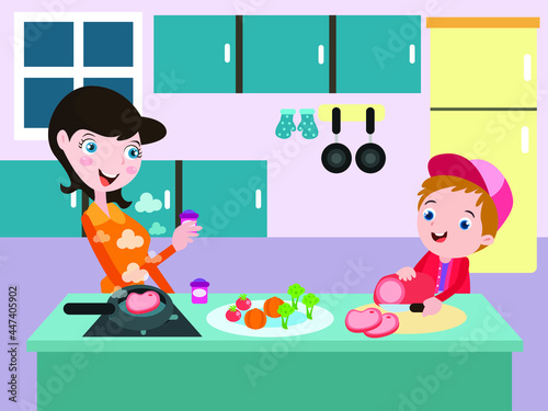 Cooking Meat vector concept. Happy little boy cartoon character and his mother cooking meat in the kitchen at home