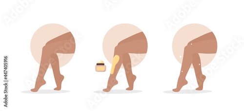 Hair removal. Wax epilation. Perfect smooth female legs. Before and after. Step by step procedure of depilation. Vector illustration in flat cartoon style. Skin care concept.