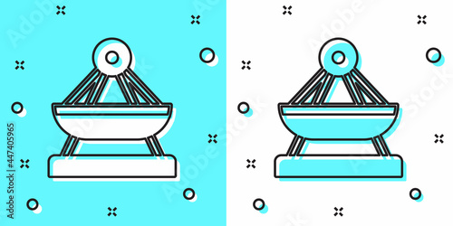 Black line Boat swing icon isolated on green and white background. Childrens entertainment playground. Attraction riding ship, swinging boat. Amusement park. Random dynamic shapes. Vector