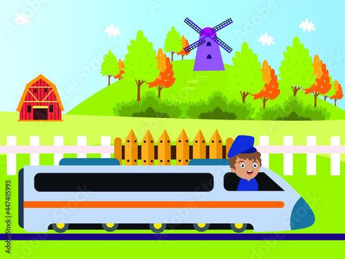 Children Dream vector concept. Little boy cartoon character working as machinist and drive a train