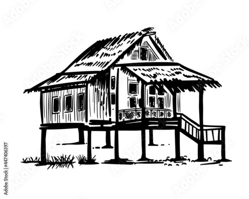 Bungalow on stilts with steep stairs in exotic country. Vacation, tourism on island. Handmade, vector illustration.