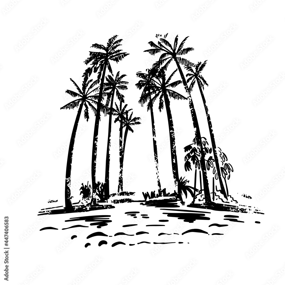 Palm trees and tropical plants. Beach, vacation in exotic countries. Handmade, vector illustration. Palm trees and tropical plants. Beach, vacation in exotic countries. Handmade, vector illustration.