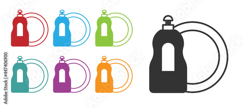 Black Dishwashing liquid bottle and plate icon isolated on white background. Liquid detergent for washing dishes. Set icons colorful. Vector