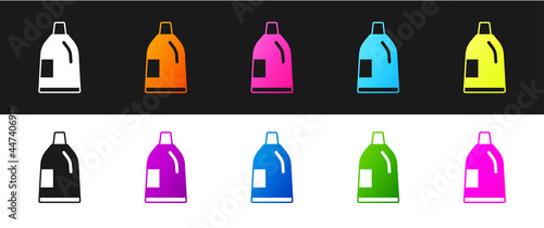 Set Plastic bottle for laundry detergent, bleach, dishwashing liquid or another cleaning agent icon isolated on black and white background. Vector