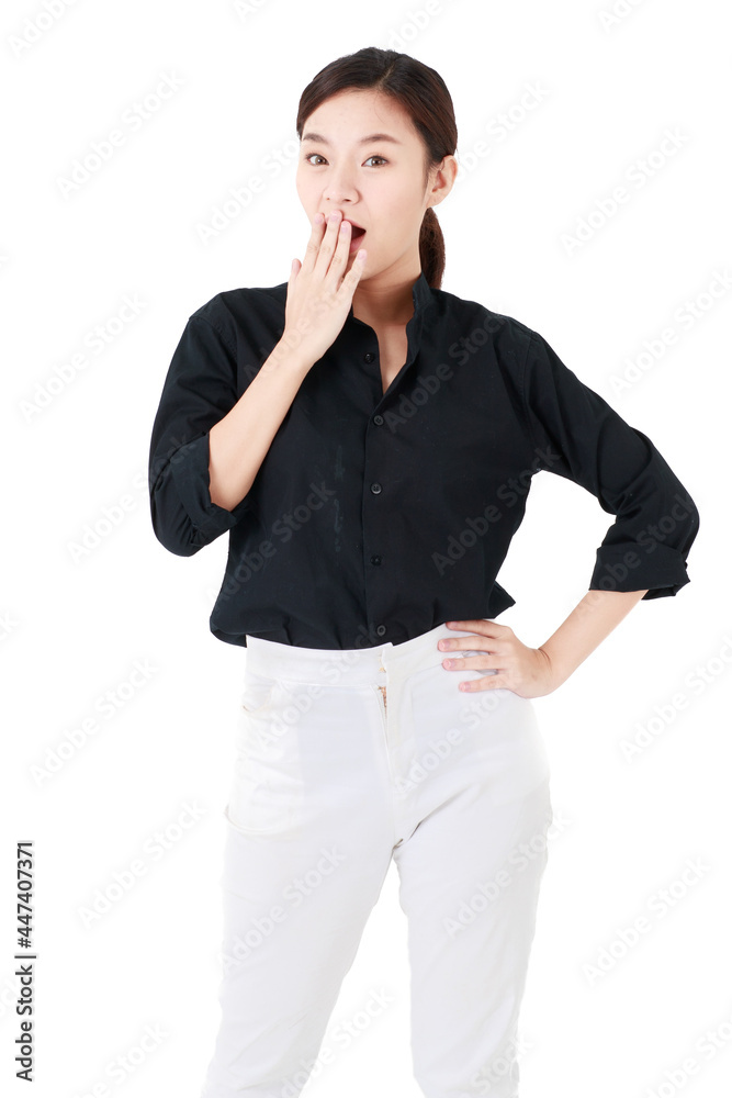 Asian business woman with hair tied wear casual black shirt, open large mouth, raise hands to announce, speak and shout out for advertisement with surprise, shock on isolated white background cutout. Asian business woman with hair tied wear casual black shirt, open large mouth, raise hands to announce, speak and shout out for advertisement with surprise, shock on isolated white background cutout.