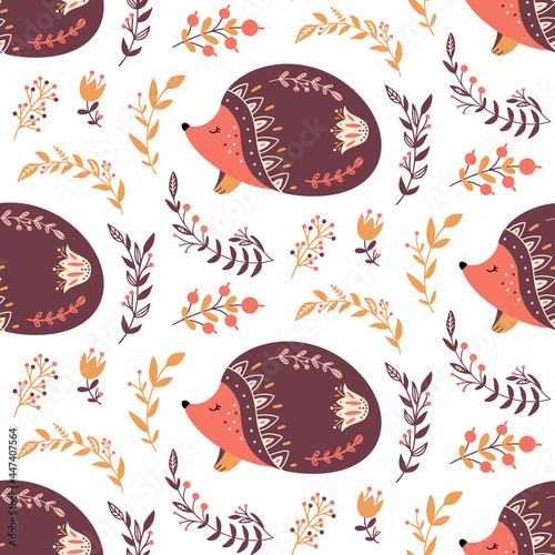Scandinavian hedgehog seamless pattern folk forest animal background