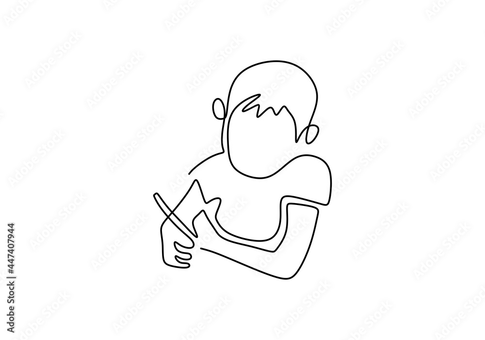 Continuous one line drawing of little boy is painting isolated on white background. A cute daughter holding brush and painting on blank paper. Creative education at home concept. Vector illustration Continuous one line drawing of little boy is painting isolated on white background. A cute daughter holding brush and painting on blank paper. Creative education at home concept. Vector illustration