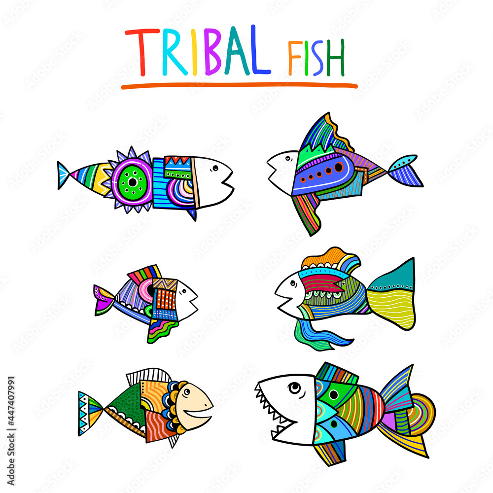 Set of handmade vector colorful tribal fish. Collection of marine animals. Cute cartoon underwater elements for your template design. Vector sea animals illustration on white background