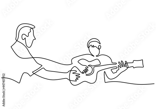 Continuous single drawn one line father teaching his son to play guitar and sing a song drawn by hand picture. Happy family parenting concept minimalism line art doodle. Vector illustration