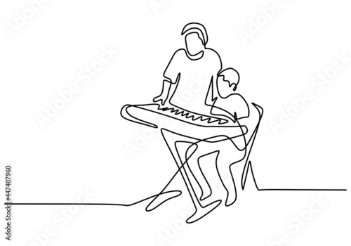 Continuous line drawing of young happy father playing piano with his son at home. A daddy teaching his child playing piano and sing a song together. Family parenting concept. Vector illustration