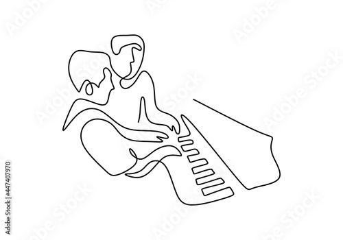 Continuous line drawing of young happy father playing piano with his son at home. A daddy teaching his child playing piano and sing a song together. Family parenting concept. Vector illustration
