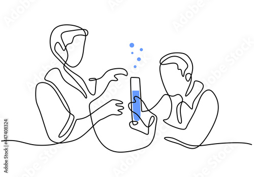 Continuous single line drawing of two male scientist doing experiment in laboratory hand-drawn picture minimalism design. Medical research coronavirus concept. Vector illustration on white background