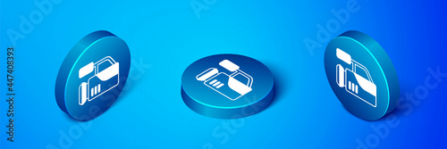 Isometric Cinema camera icon isolated on blue background. Video camera. Movie sign. Film projector. Blue circle button. Vector