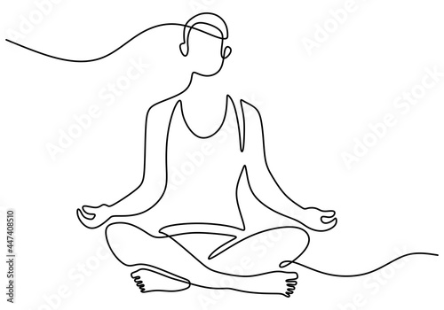 Woman doing yoga exercise in continuous one line drawing. Young lady sitting cross legged meditating in Lotus pose. Relaxing and calming concept. Vector illustration minimalism style