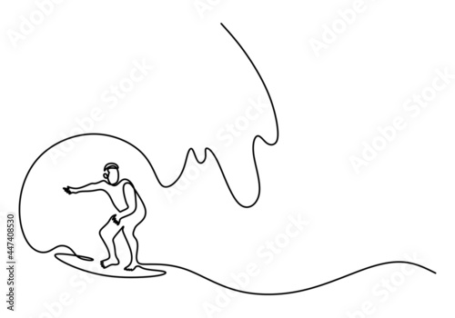 Photography Continuous one line drawing of energetic man or person doing water surfing