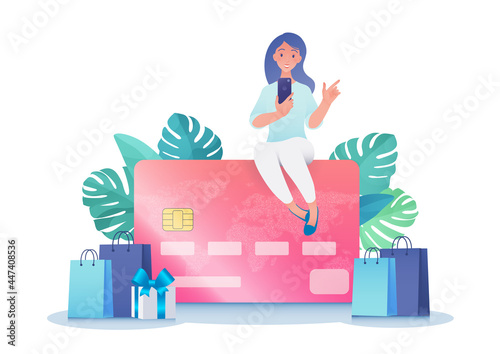 Credit card or contactless payment business concept. Woman using smartphone sitting on top of a credit card shopping online. Vector illustration isolated on white background.