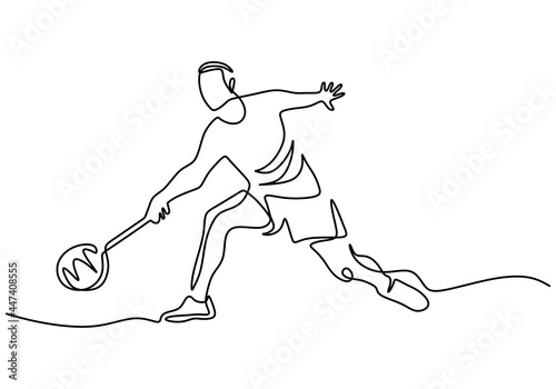 One continuous line drawing of young happy tennis player doing service and hit the ball. Sport exercise concept hand drawn minimalism design . Vector illustration for tournament promotion poster