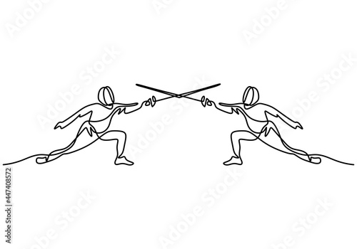 Continuous one line drawing of two man fencing athletes fight suit practicing with sword on professional sports arena, motion fast of speed practice by tournament. Vector illustration