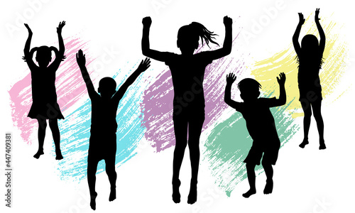 Happy jumping and standing black silhouettes of children and color smear brush. Vector illustration