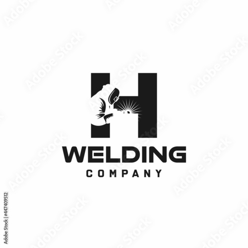 Letter H welding logo, welder silhouette working with weld helmet in simple and modern design style art