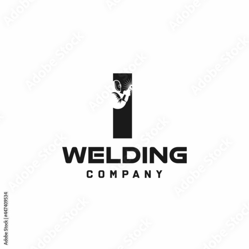 Letter I welding logo, welder silhouette working with weld helmet in simple and modern design style art