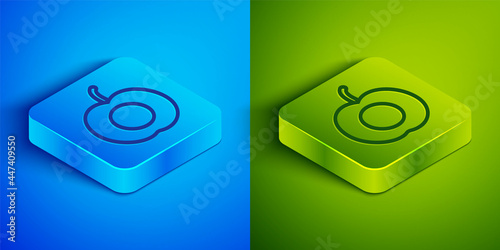 Isometric line Peach fruit or nectarine with leaf icon isolated on blue and green background. Square button. Vector