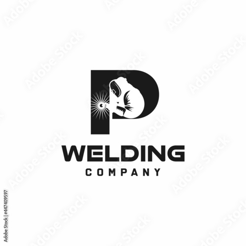 Letter P welding logo, welder silhouette working with weld helmet in simple and modern design style art