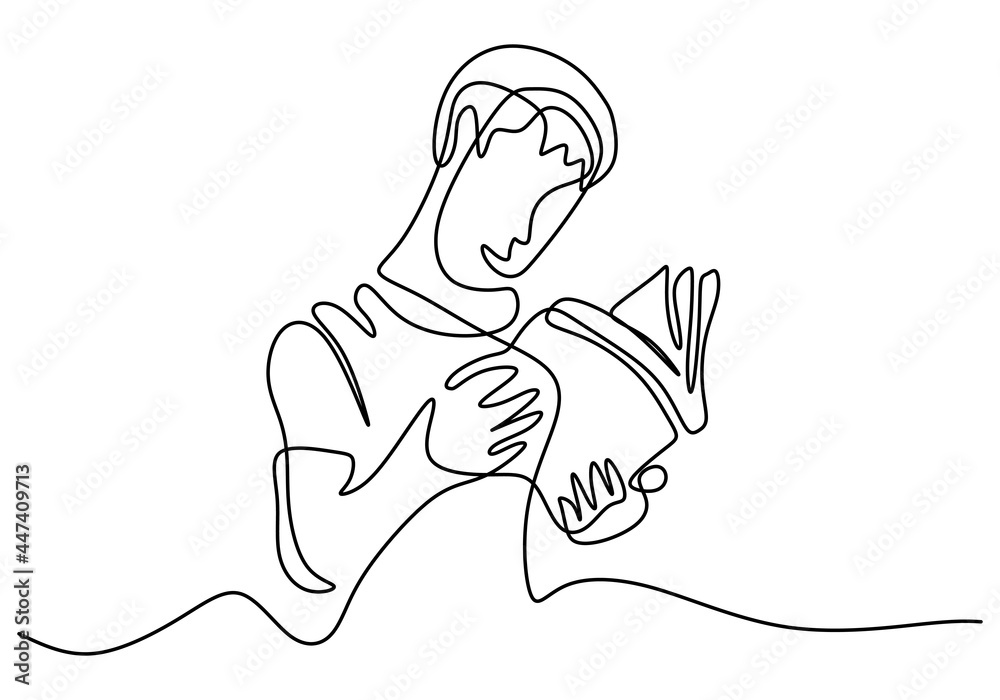 One continuous line drawing of men reading a book. A teenager boy is read a book for study at home. Back to school concept hand drawn line art minimalism design. Vector illustration One continuous line drawing of men reading a book. A teenager boy is read a book for study at home. Back to school concept hand drawn line art minimalism design. Vector illustration