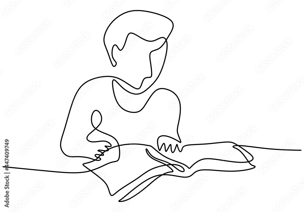One continuous line drawing of men reading a book. A teenager boy is read a book for study at home. Back to school concept hand drawn line art minimalism design. Vector illustration